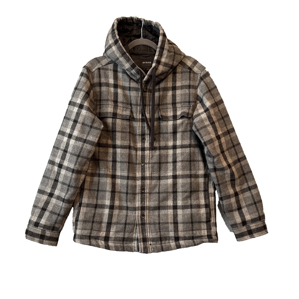 Prana Asgard Hooded Flannel Shirt Jacket Mens M Gray Plaid Quilted Wool Shacket